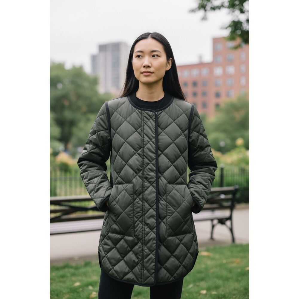Theory Quilted Down Coat TP XS Petite Olive Green Taffeta Long Jacket